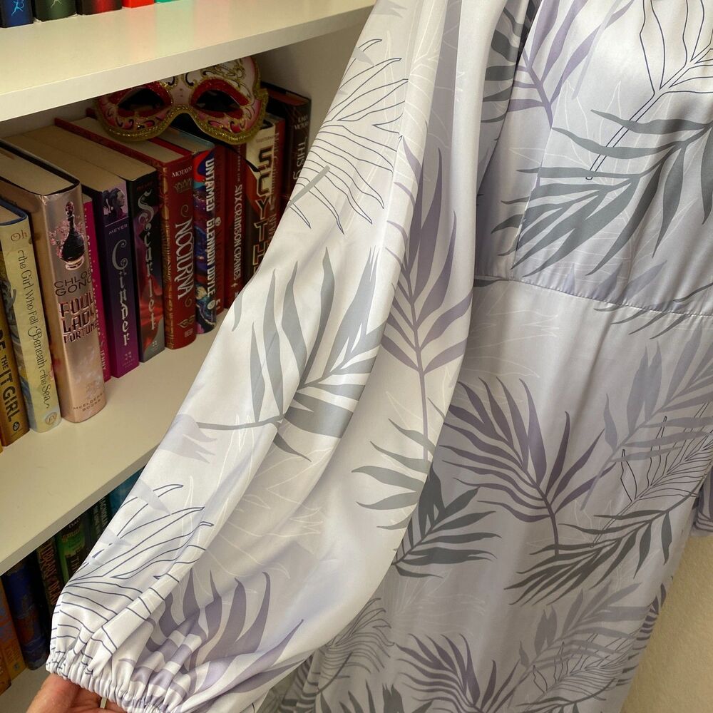 BOHME Gray Elegant Leaf Pattern Romantic Whimsical Long Sleeve Boho Maxi Dress L - Picture 5 of 12